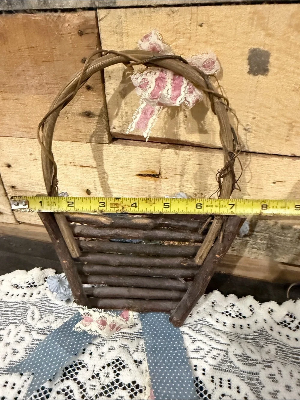 Rustic Wicker Hanging Basket with Blue Ribbon & Bird Accent